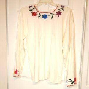 Handmade Embroidered Muslin Top Cream w/ Red Blue Yellow Hand Stitched Motif L